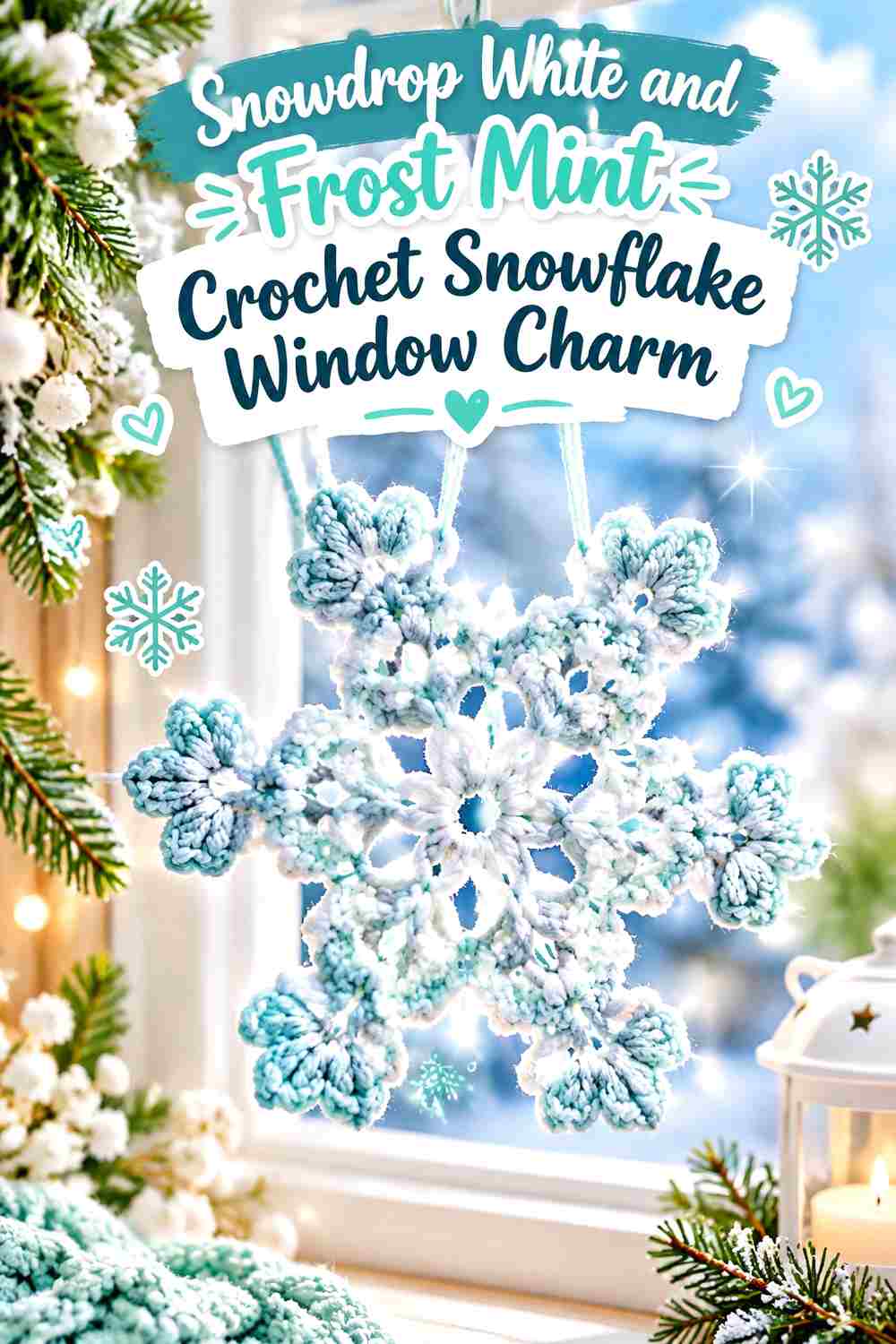 3. Snowdrop White And Frost Mint Crochet Snowflake Window Charm