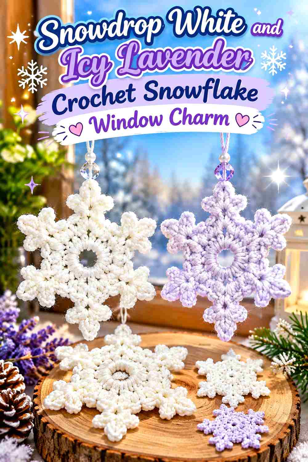5. Snowdrop White And Icy Lavender Crochet Snowflake Window Charm