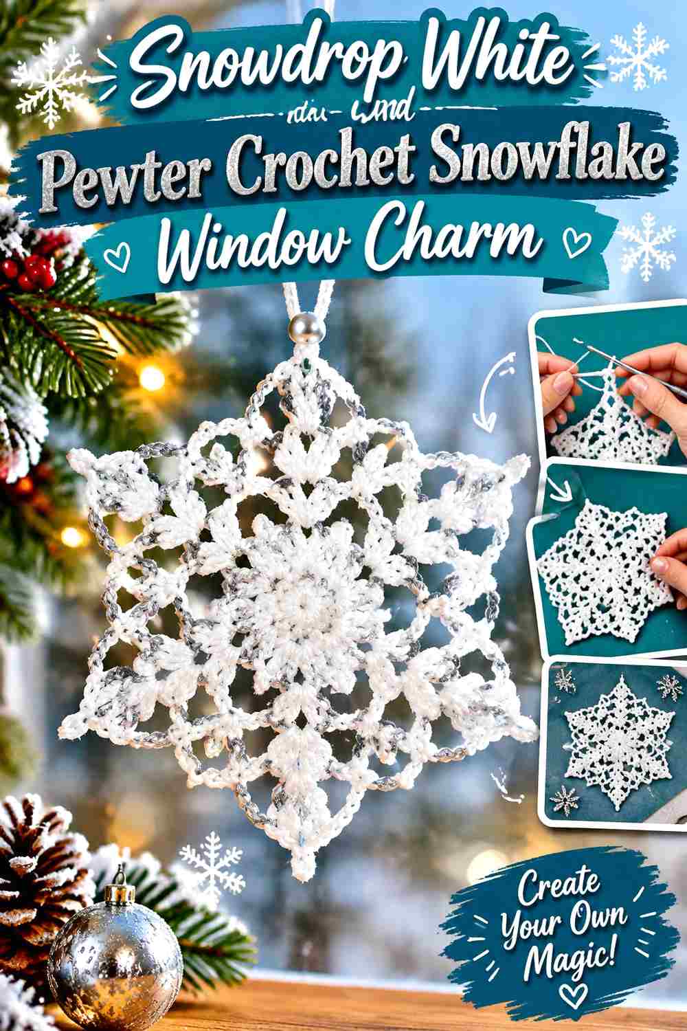 8. Snowdrop White And Pewter Crochet Snowflake Window Charm