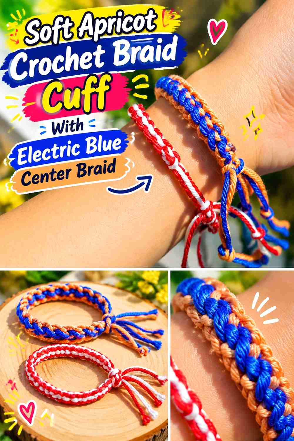 Soft Apricot Crochet Braid Cuff With Electric Blue Center Braid