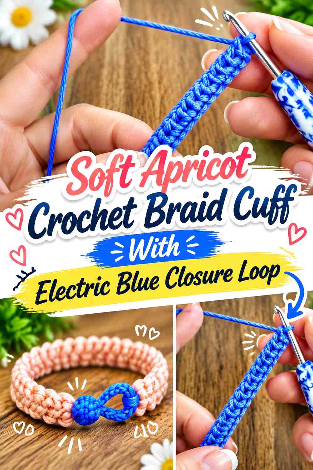 Soft Apricot Crochet Braid Cuff With Electric Blue Closure Loop