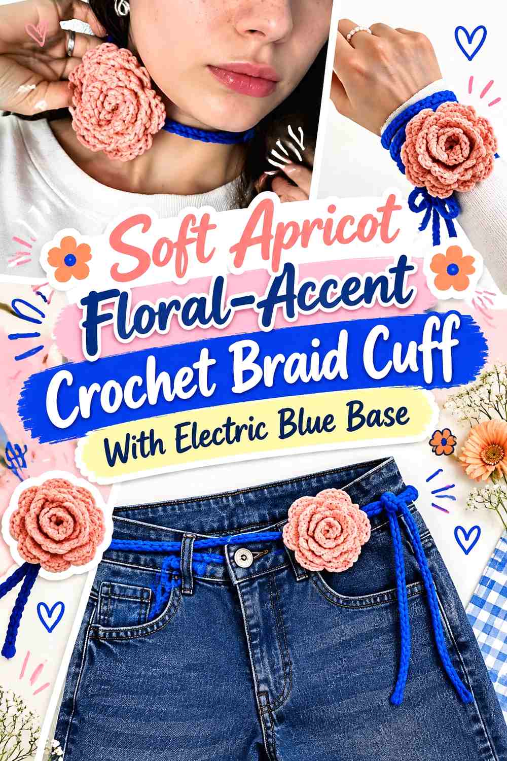 Soft Apricot Floral Accent Crochet Braid Cuff With Electric Blue Base