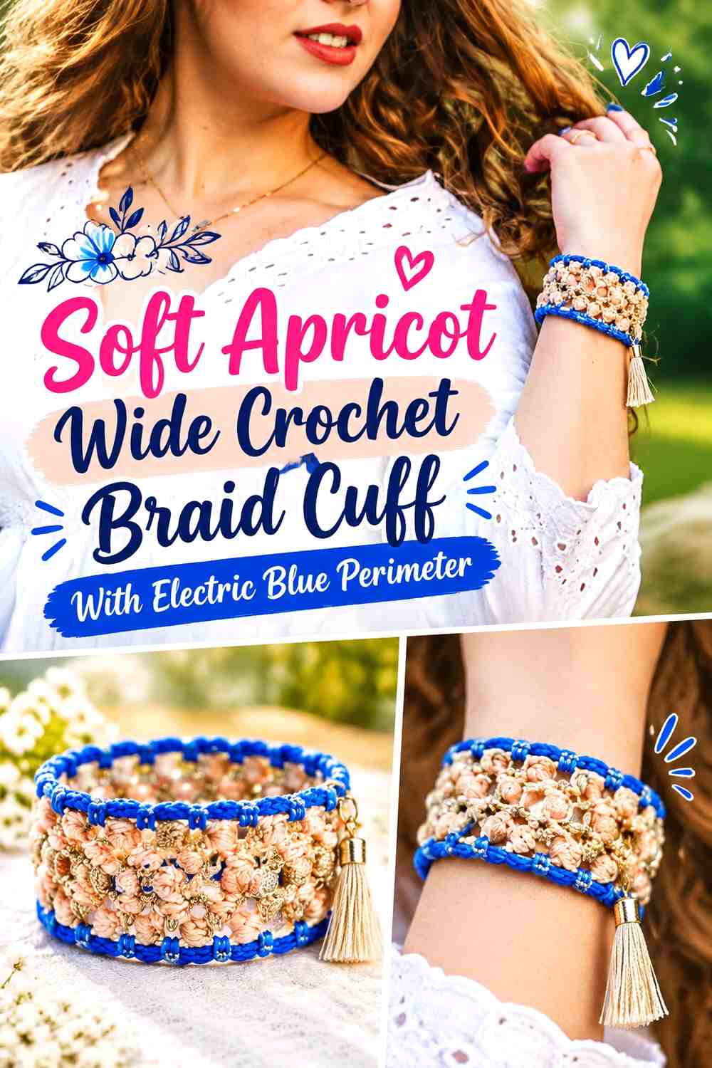 Soft Apricot Wide Crochet Braid Cuff With Electric Blue Perimeter