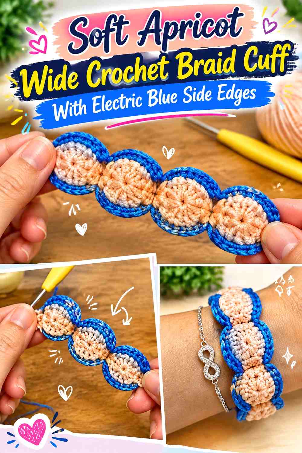 Soft Apricot Wide Crochet Braid Cuff With Electric Blue Side Edges