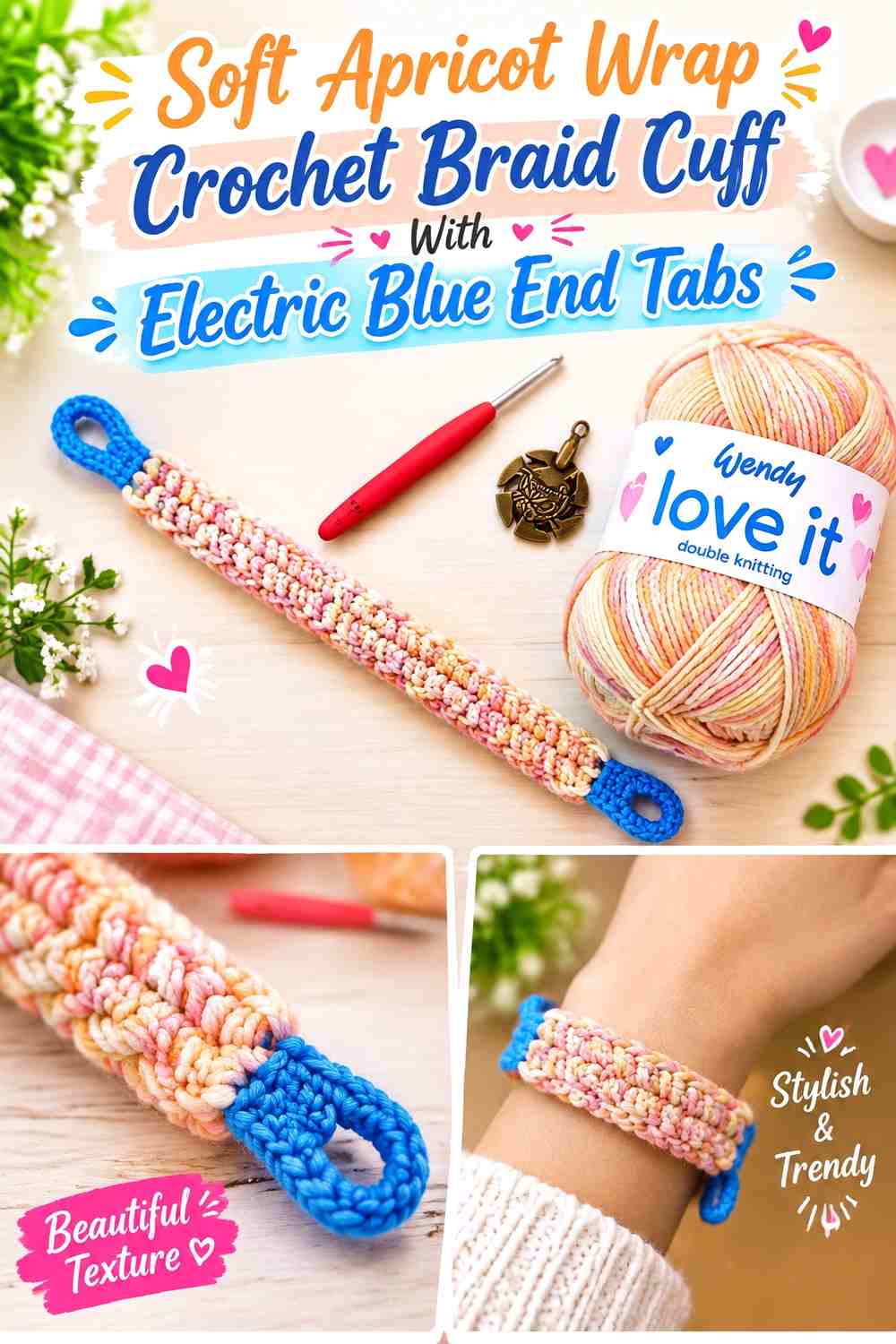 Soft Apricot Wrap Crochet Braid Cuff With Electric Blue End Tabs