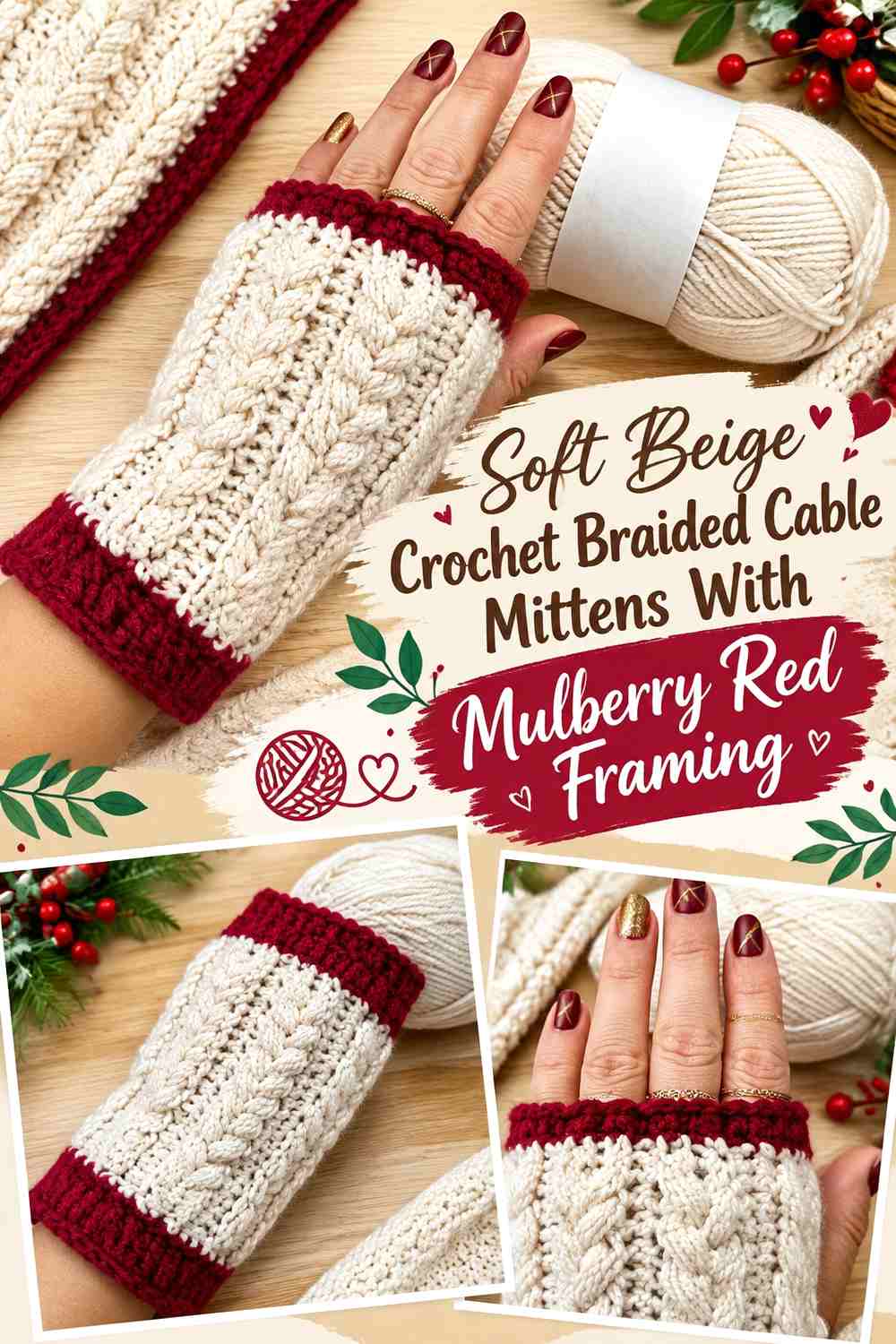 Soft Beige Crochet Braided Cable Mittens With Mulberry Red Framing