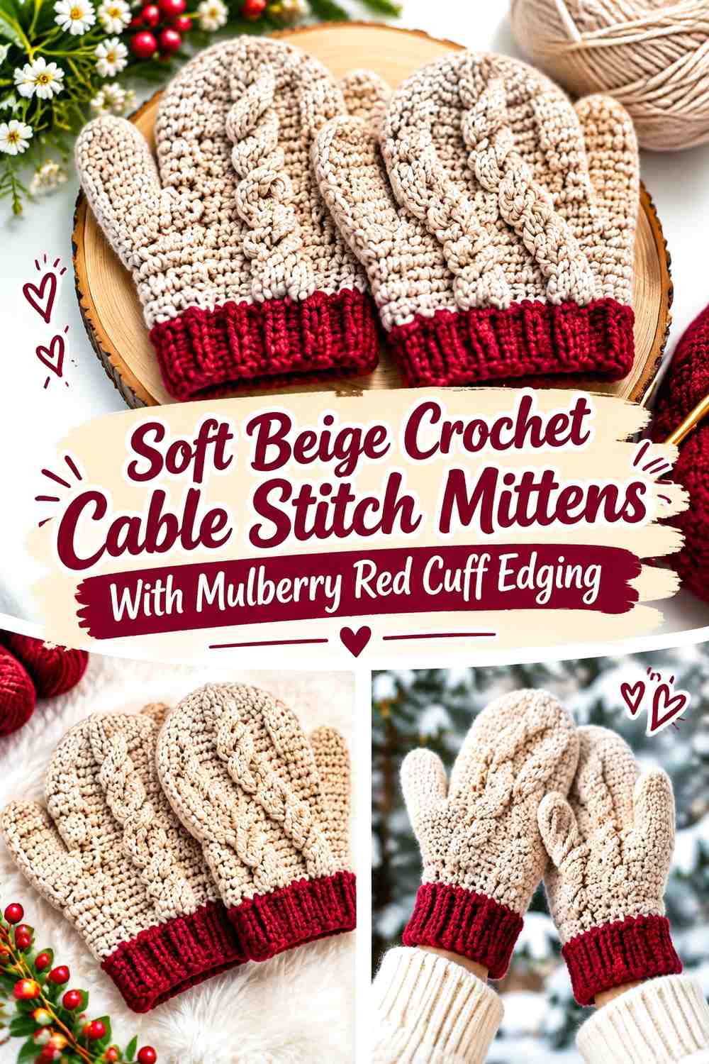 Soft Beige Crochet Cable Stitch Mittens With Mulberry Red Cuff Edging