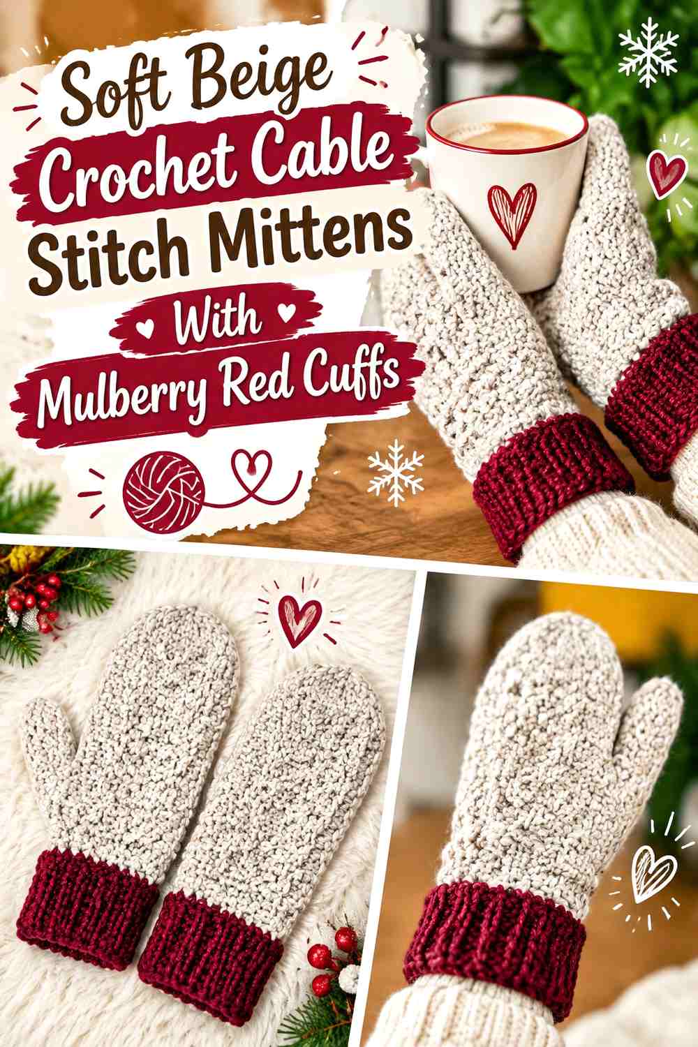 Soft Beige Crochet Cable Stitch Mittens With Mulberry Red Cuffs