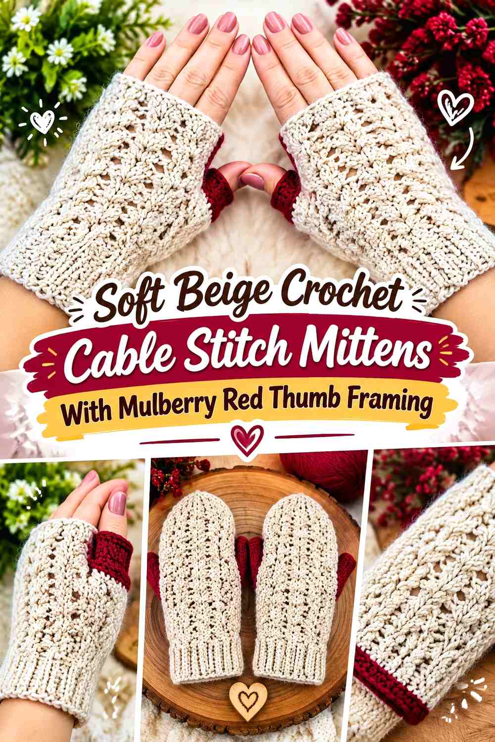 Soft Beige Crochet Cable Stitch Mittens With Mulberry Red Thumb Framing