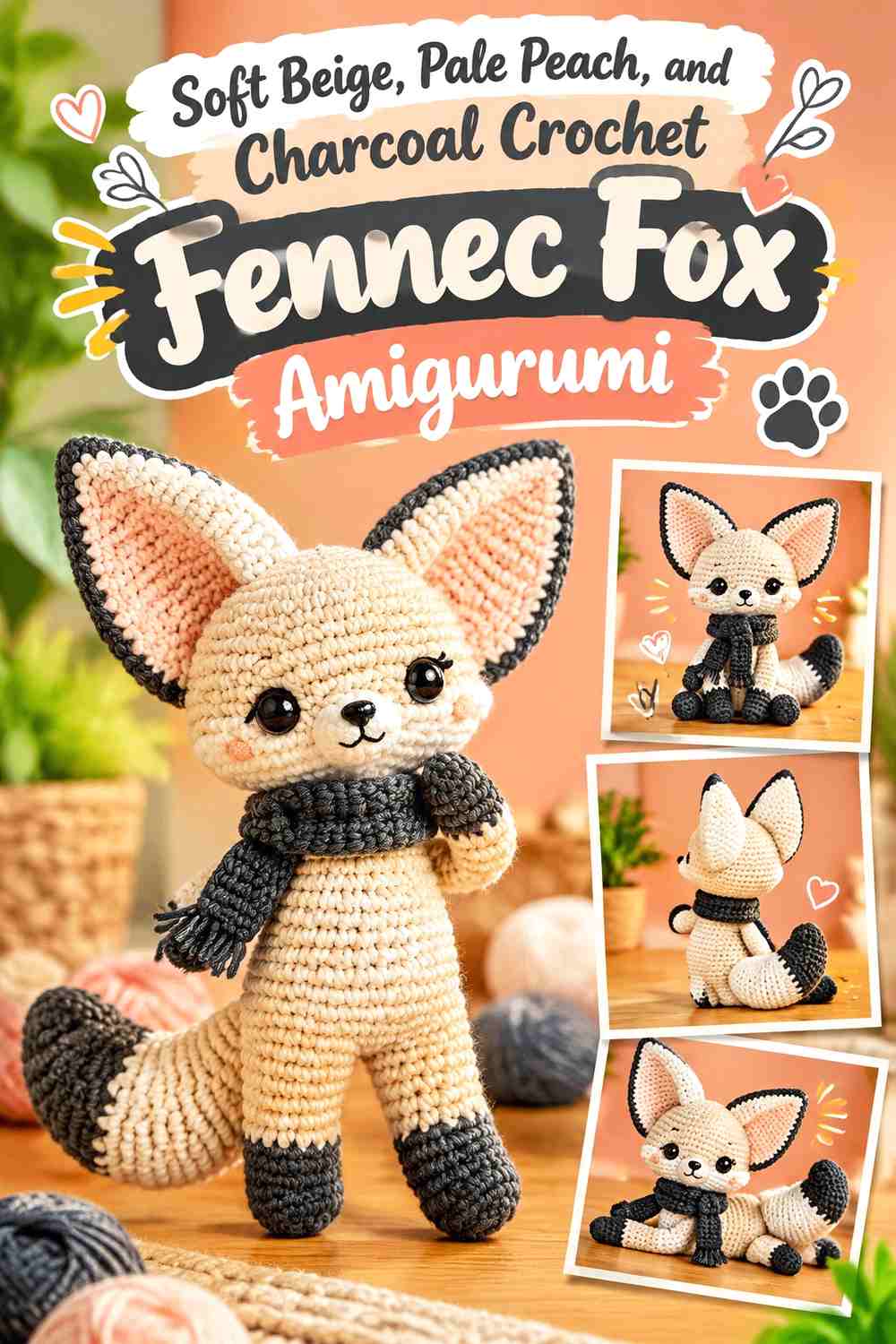 Soft Beige, Pale Peach, and Charcoal Crochet Fennec Fox Amigurumi