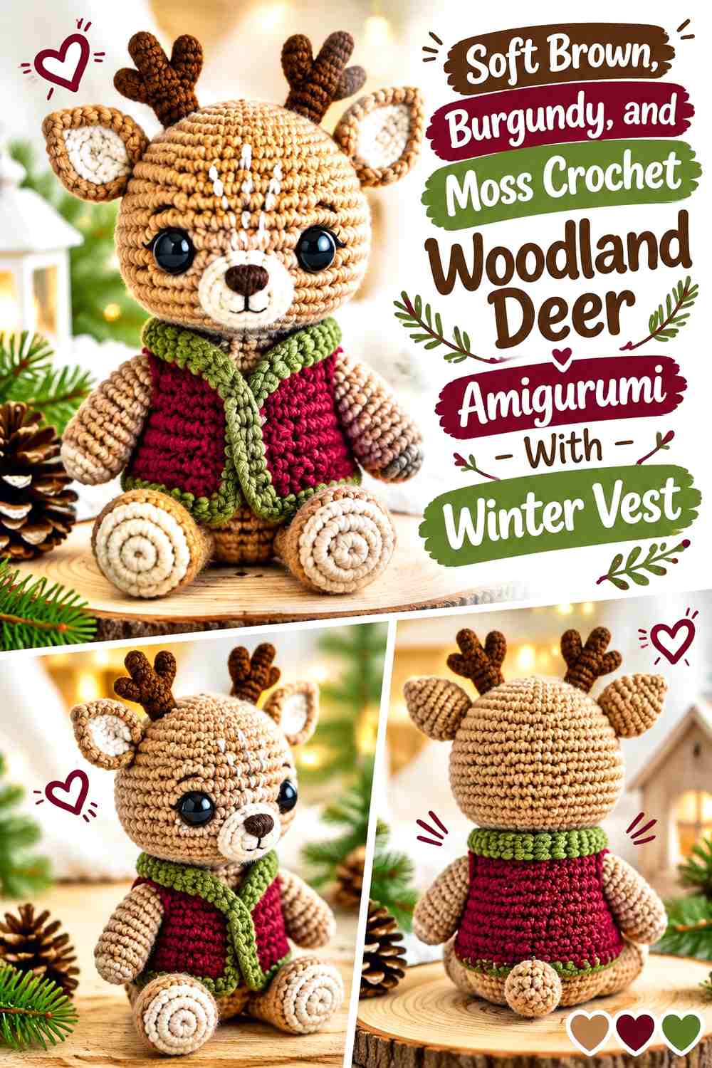 Soft Brown, Burgundy, and Moss Crochet Woodland Deer Amigurumi With Winter Vest