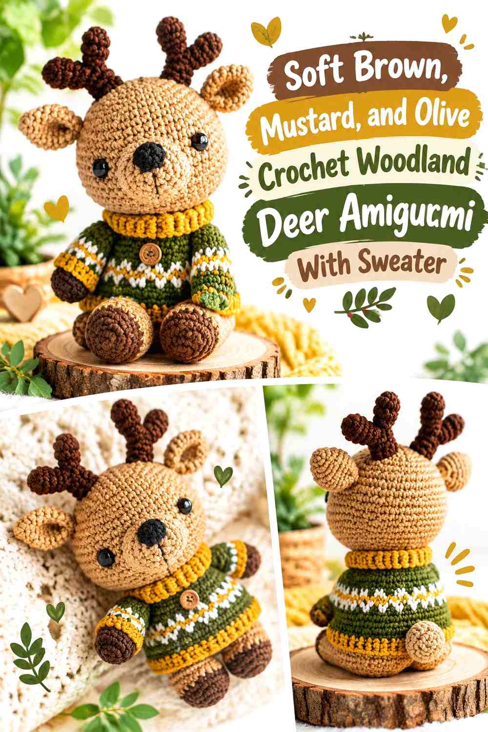 Soft Brown, Mustard, and Olive Crochet Woodland Deer Amigurumi With Sweater