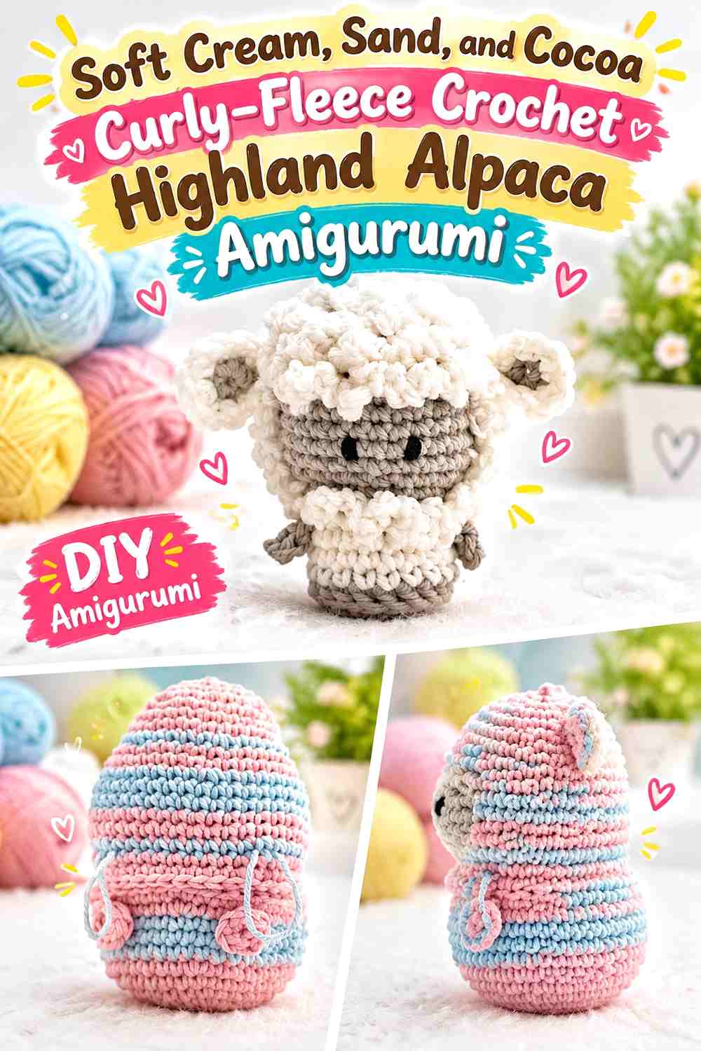 Soft Cream, Sand, and Cocoa Curly-Fleece Crochet Highland Alpaca Amigurumi