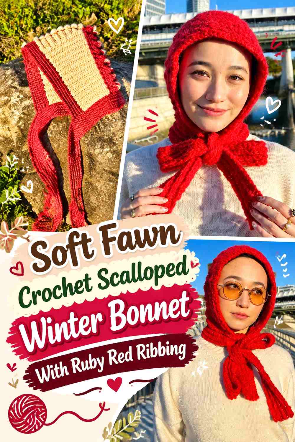 Soft Fawn Crochet Scalloped Winter Bonnet With Ruby Red Ribbing