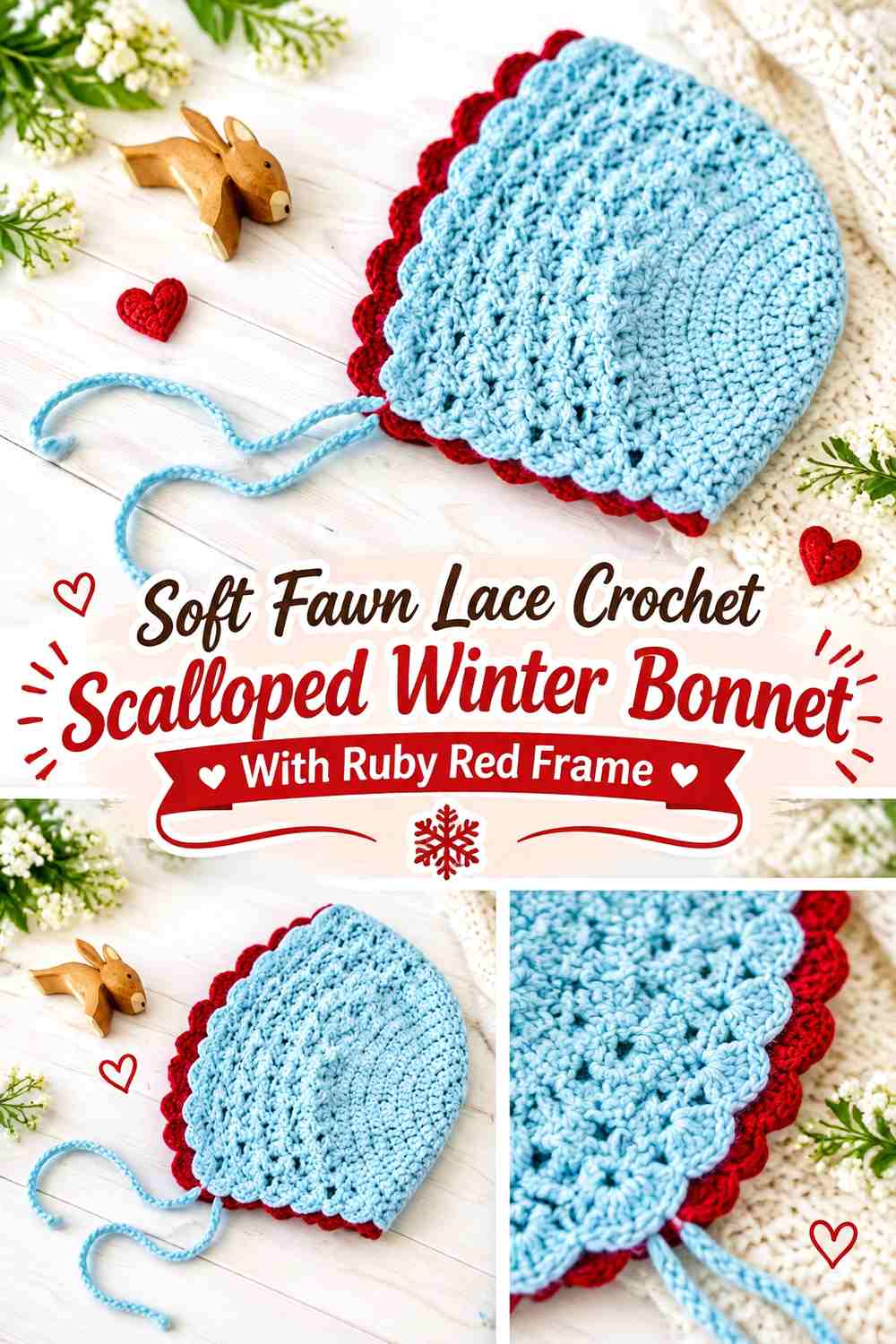 Soft Fawn Lace Crochet Scalloped Winter Bonnet With Ruby Red Frame