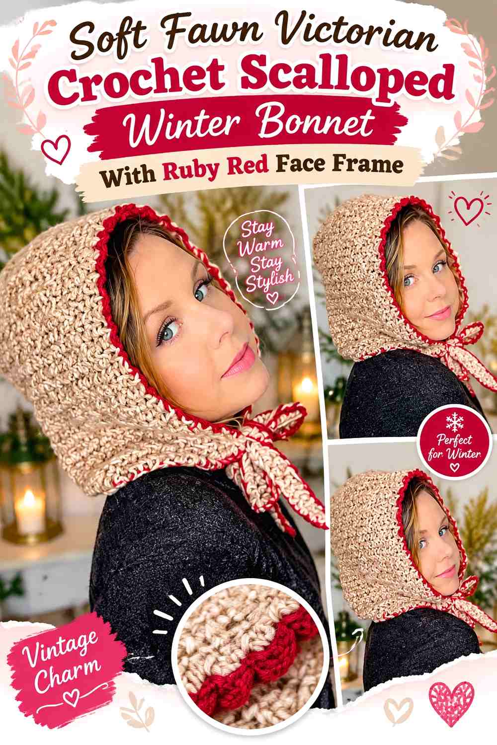 Soft Fawn Victorian Crochet Scalloped Winter Bonnet With Ruby Red Face Frame