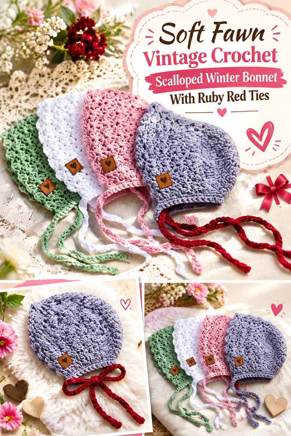 Soft Fawn Vintage Crochet Scalloped Winter Bonnet With Ruby Red Ties