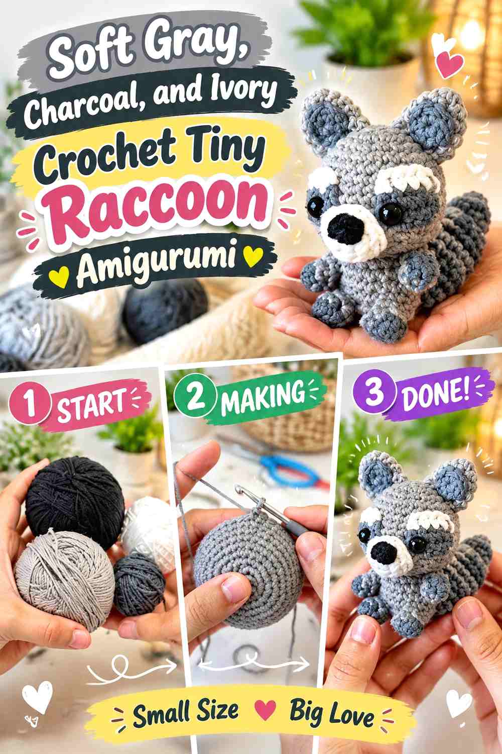 Soft Gray, Charcoal, and Ivory Crochet Tiny Raccoon Amigurumi
