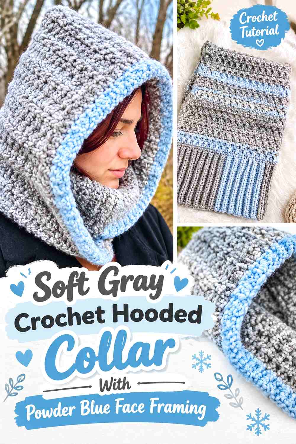 Soft Gray Crochet Hooded Collar With Powder Blue Face Framing