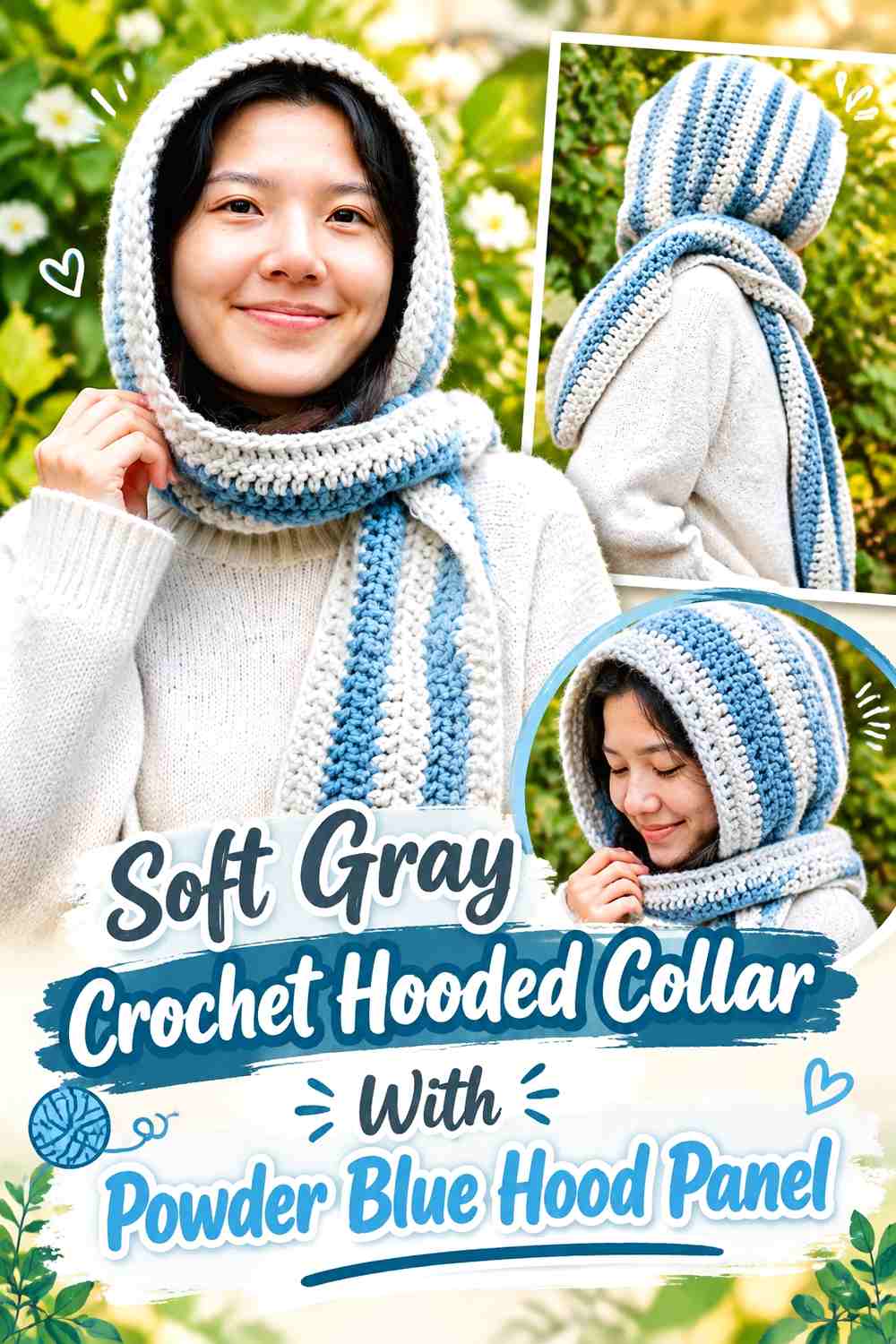 Soft Gray Crochet Hooded Collar With Powder Blue Hood Panel