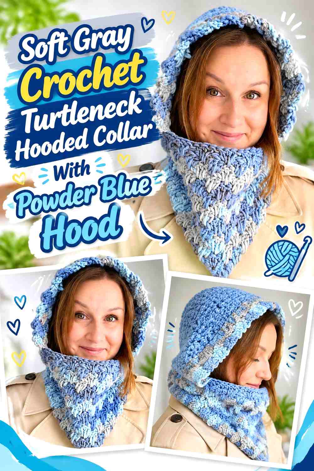 Soft Gray Crochet Turtleneck Hooded Collar With Powder Blue Hood