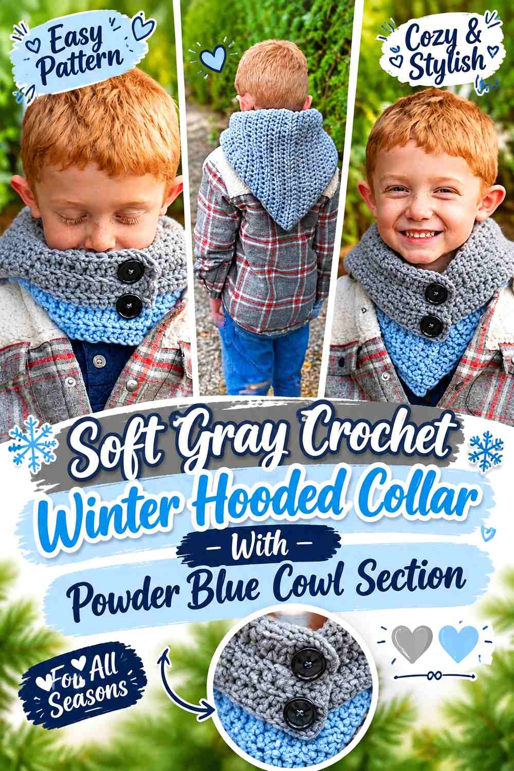 Soft Gray Crochet Winter Hooded Collar With Powder Blue Cowl Section