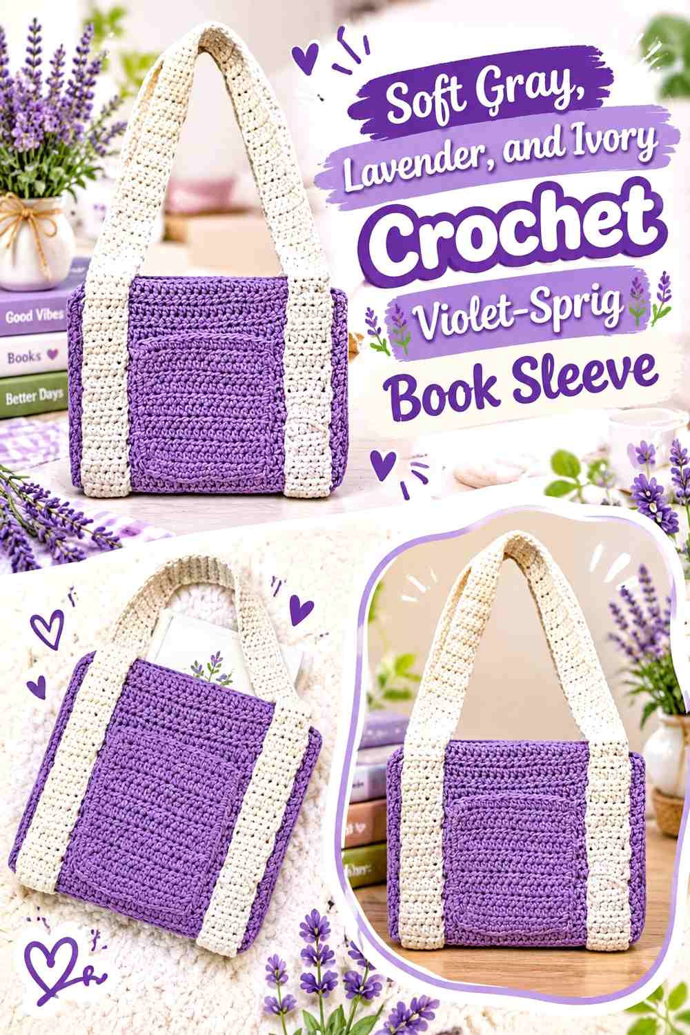 Soft Gray, Lavender, and Ivory Crochet Violet-Sprig Book Sleeve
