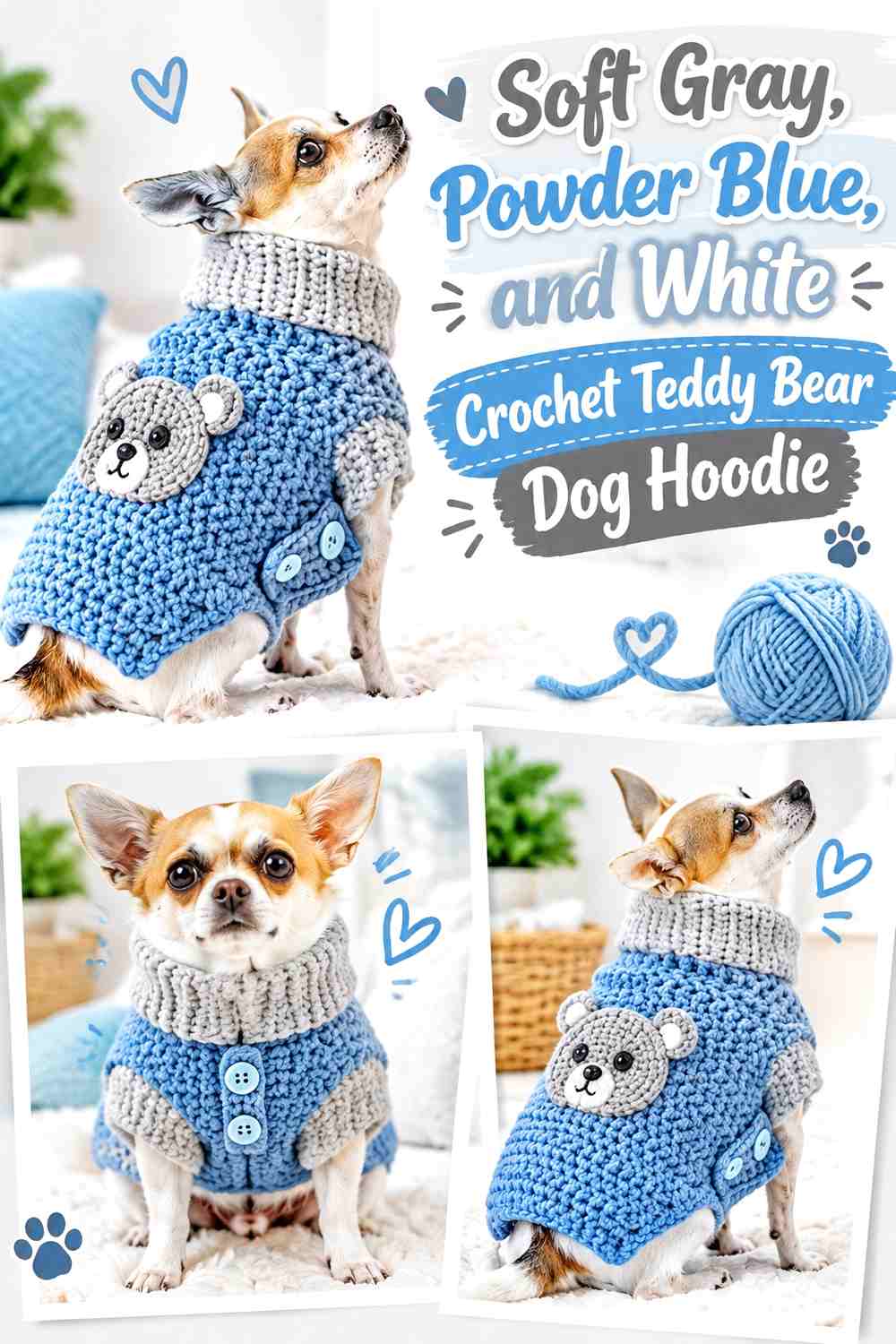 Soft Gray, Powder Blue, and White Crochet Teddy Bear Dog Hoodie