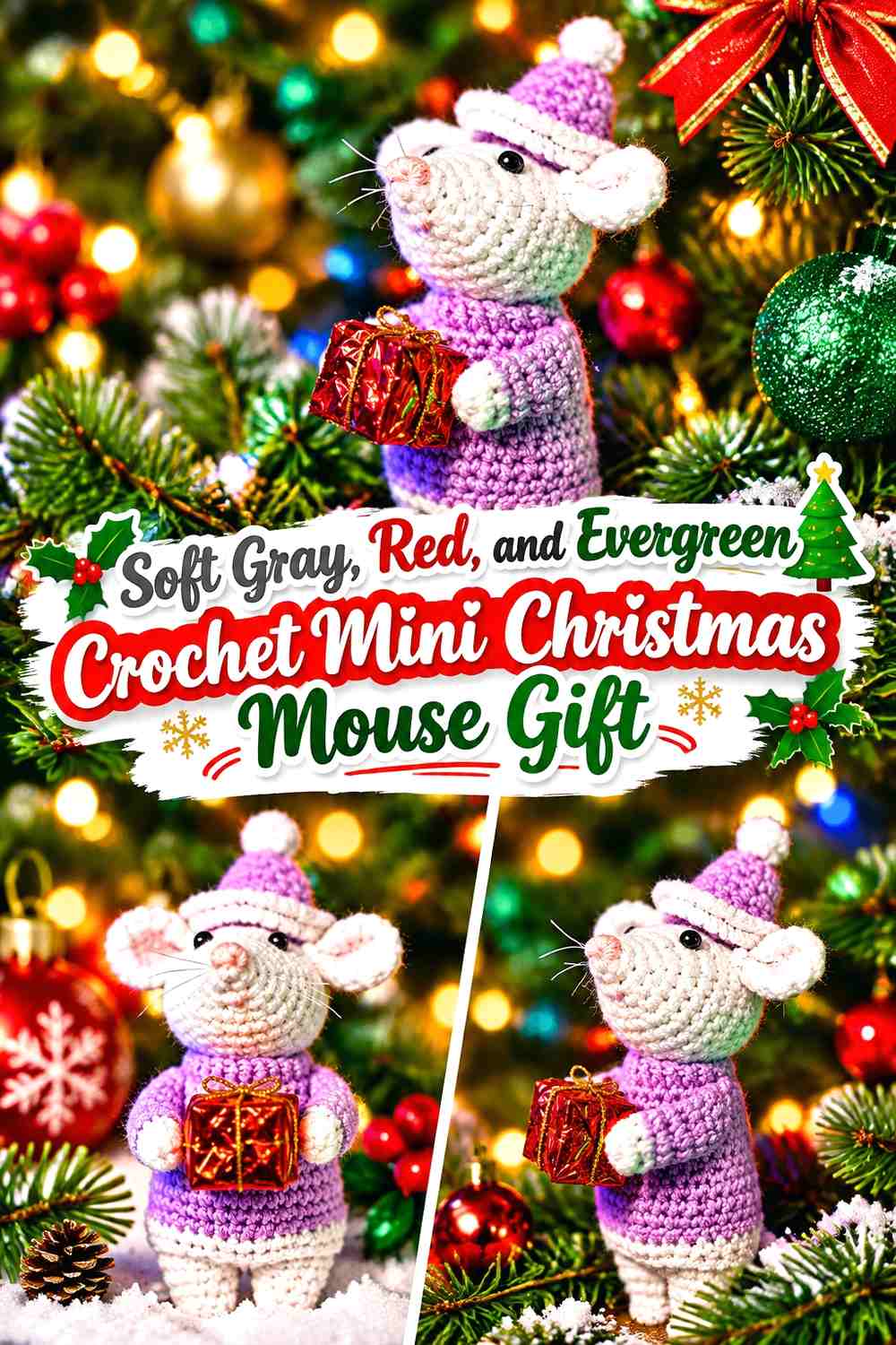 Soft Gray, Red, and Evergreen Crochet Mini Christmas Mouse Gift