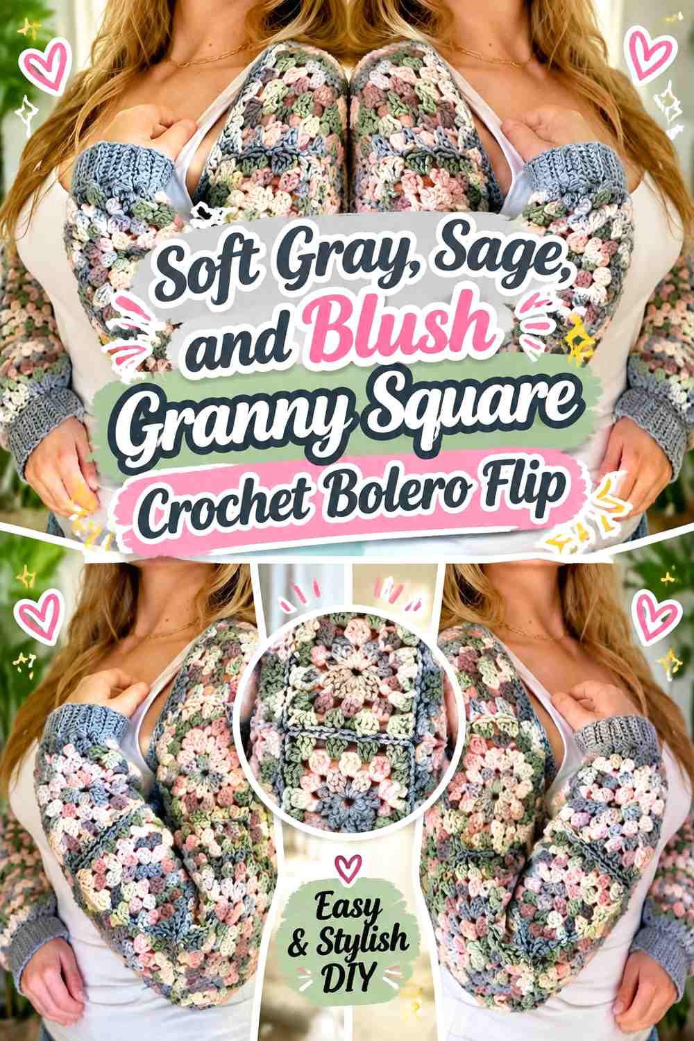 Soft Gray, Sage, and Blush Granny Square Crochet Bolero Flip