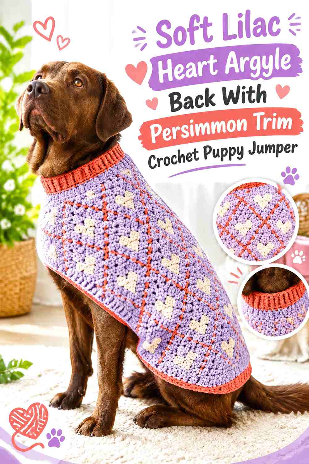Soft Lilac Heart Argyle Back With Persimmon Trim Crochet Puppy Jumper