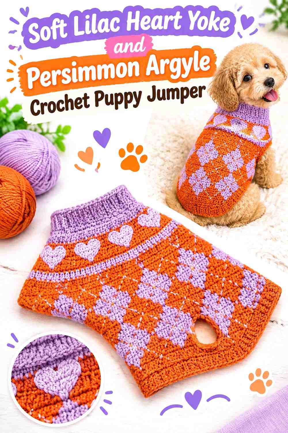 Soft Lilac Heart Yoke and Persimmon Argyle Crochet Puppy Jumper