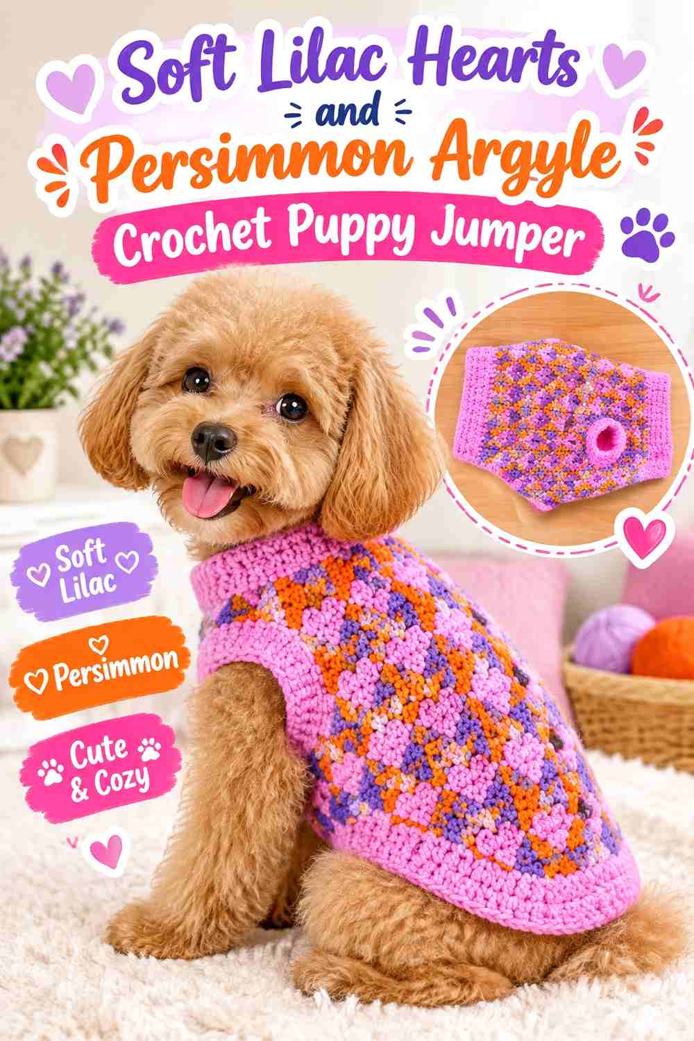 Soft Lilac Hearts and Persimmon Argyle Crochet Puppy Jumper