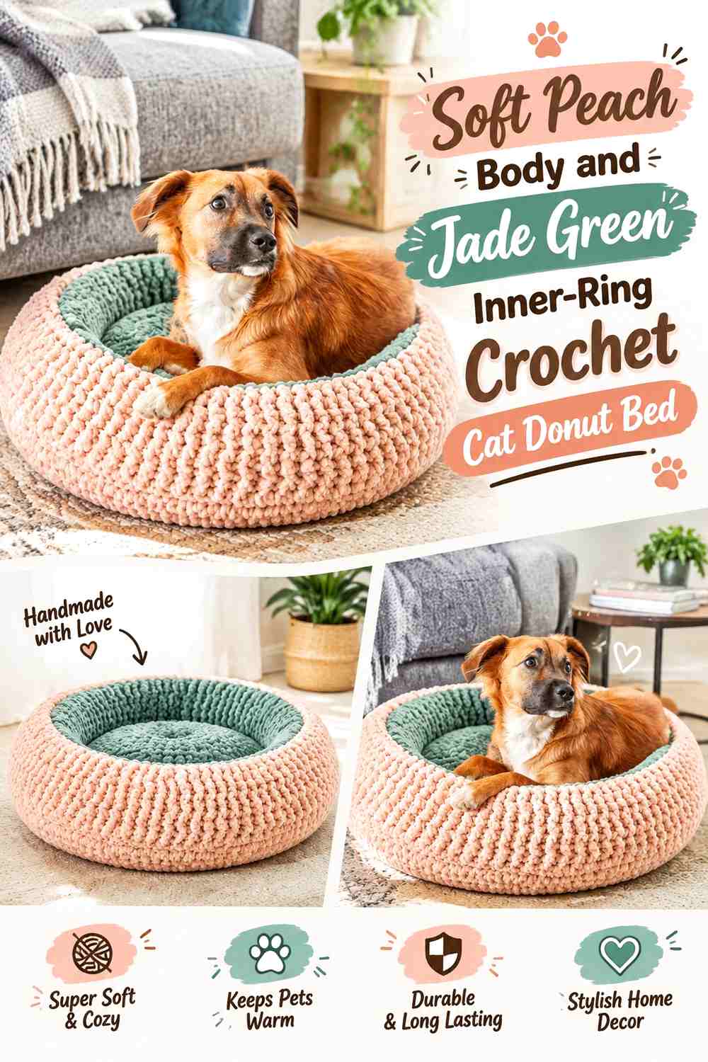 Soft Peach Body and Jade Green Inner-Ring Crochet Cat Donut Bed