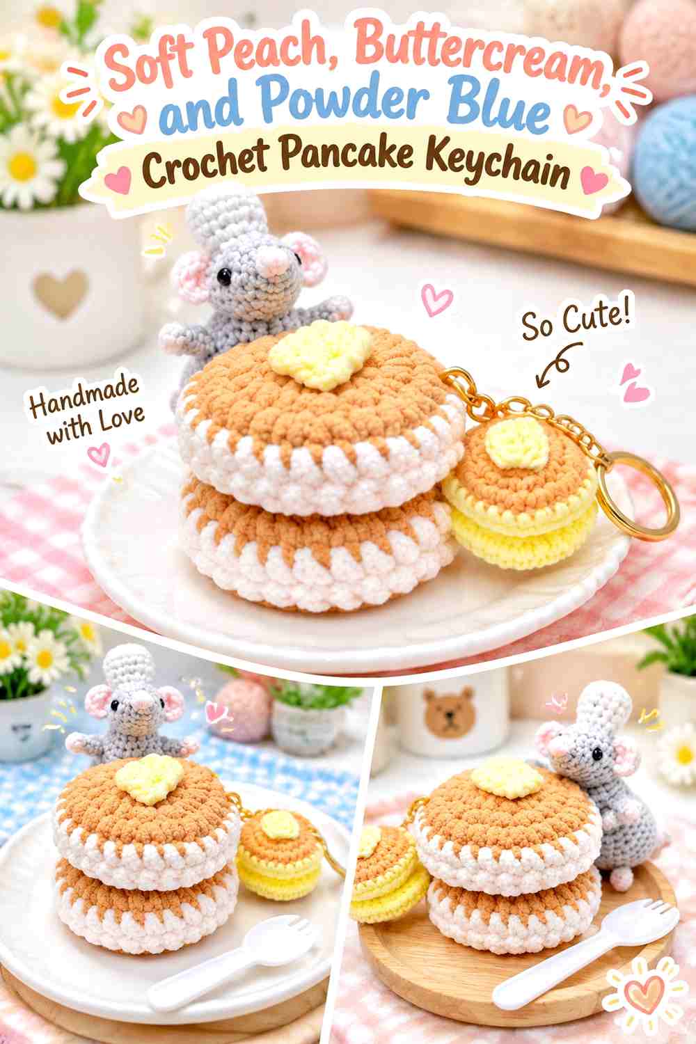 Soft Peach, Buttercream, and Powder Blue Crochet Pancake Keychain