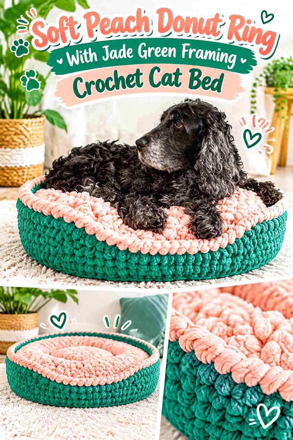 Soft Peach Donut Ring With Jade Green Framing Crochet Cat Bed