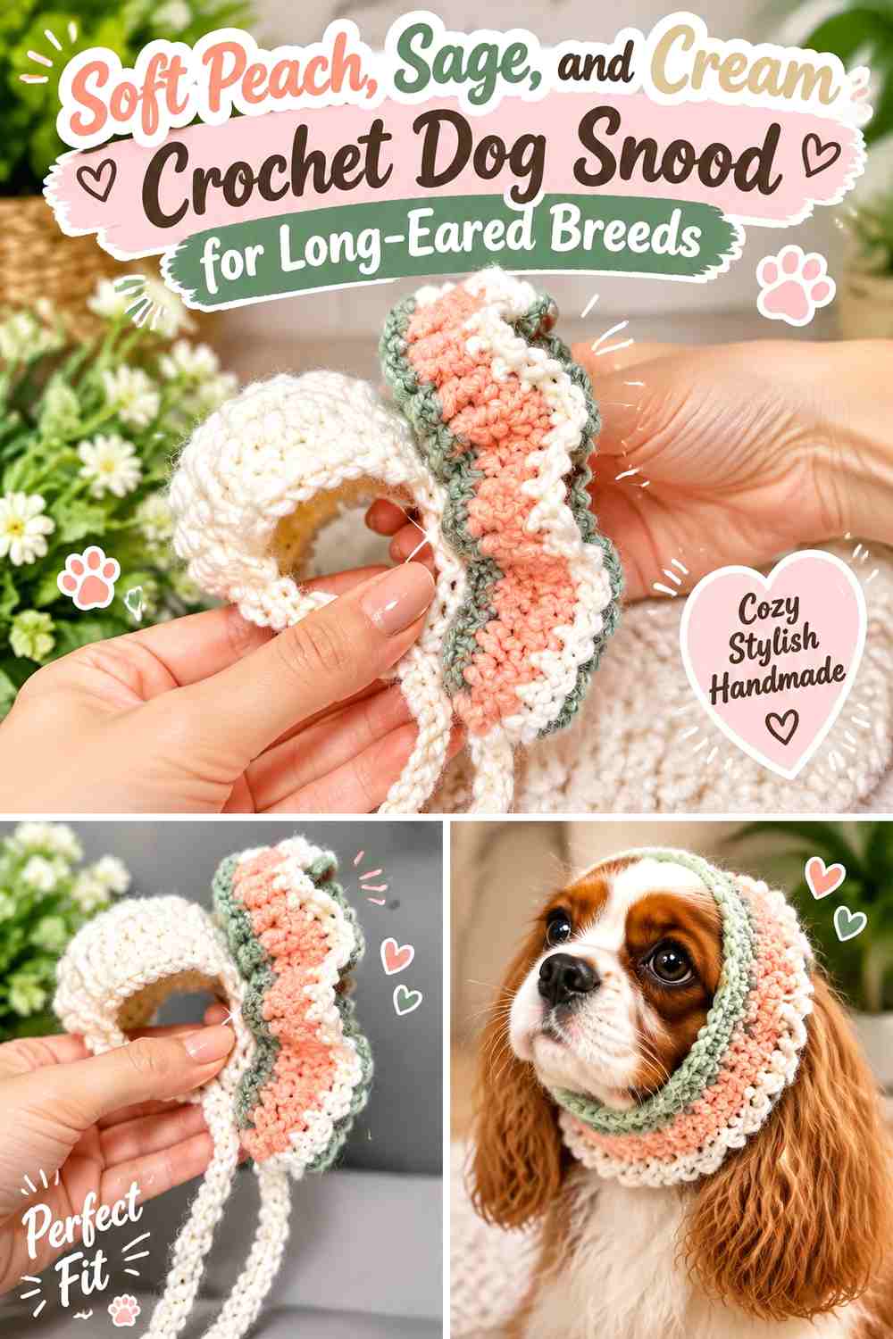 Soft Peach, Sage, and Cream Crochet Dog Snood for Long-Eared Breeds