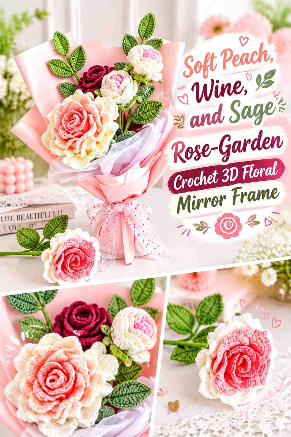 Soft Peach, Wine, and Sage Rose-Garden Crochet 3D Floral Mirror Frame