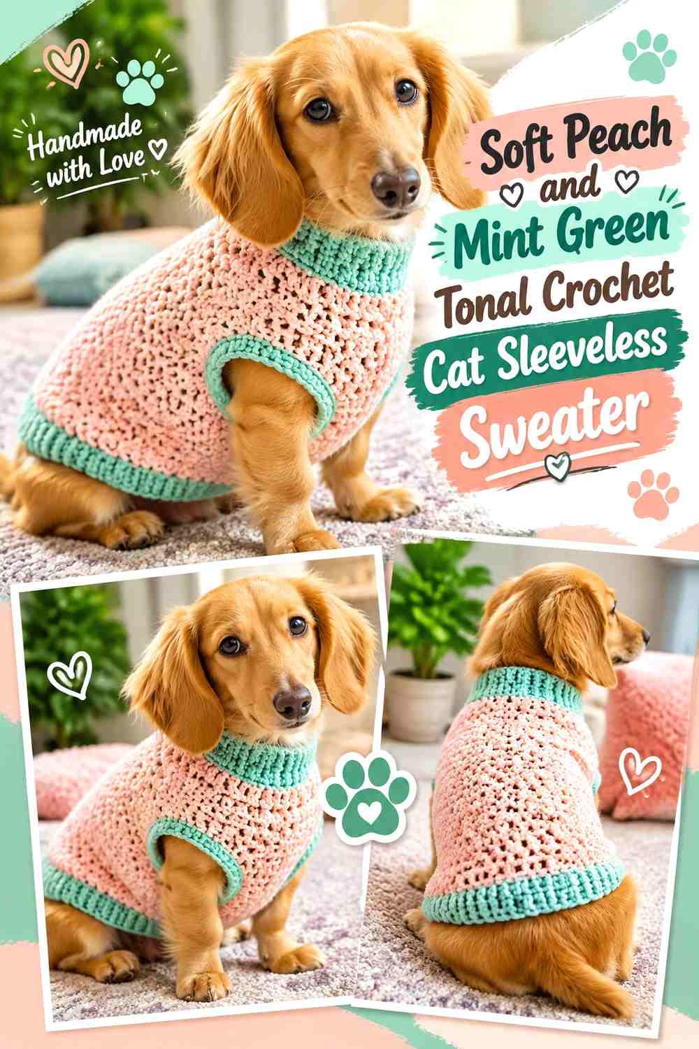 Soft Peach and Mint Green Tonal Crochet Cat Sleeveless Sweater