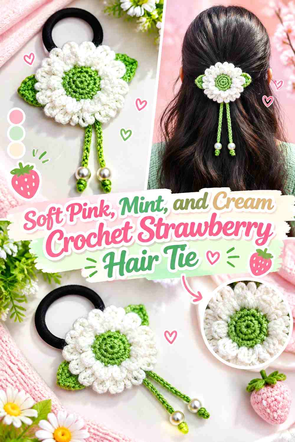 Soft Pink, Mint, and Cream Crochet Strawberry Hair Tie