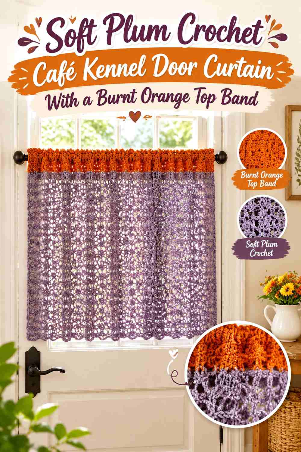 Soft Plum Crochet Café Kennel Door Curtain With a Burnt Orange Top Band