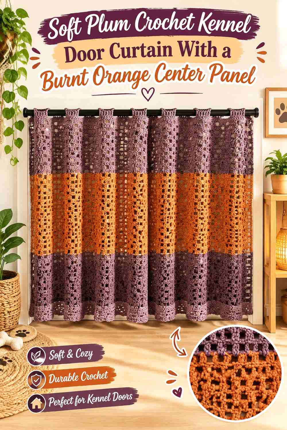 Soft Plum Crochet Kennel Door Curtain With a Burnt Orange Center Panel