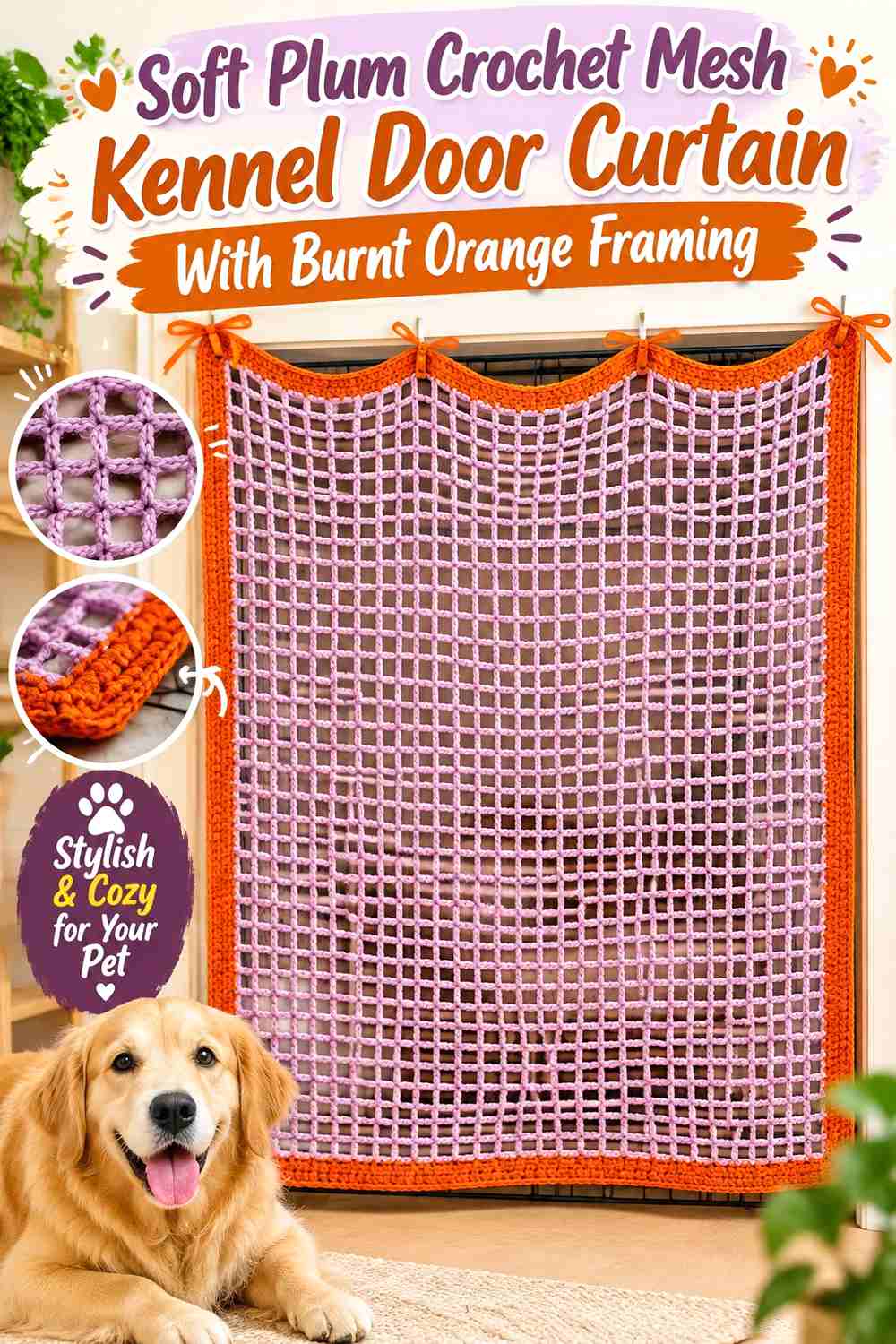 Soft Plum Crochet Mesh Kennel Door Curtain With Burnt Orange Framing