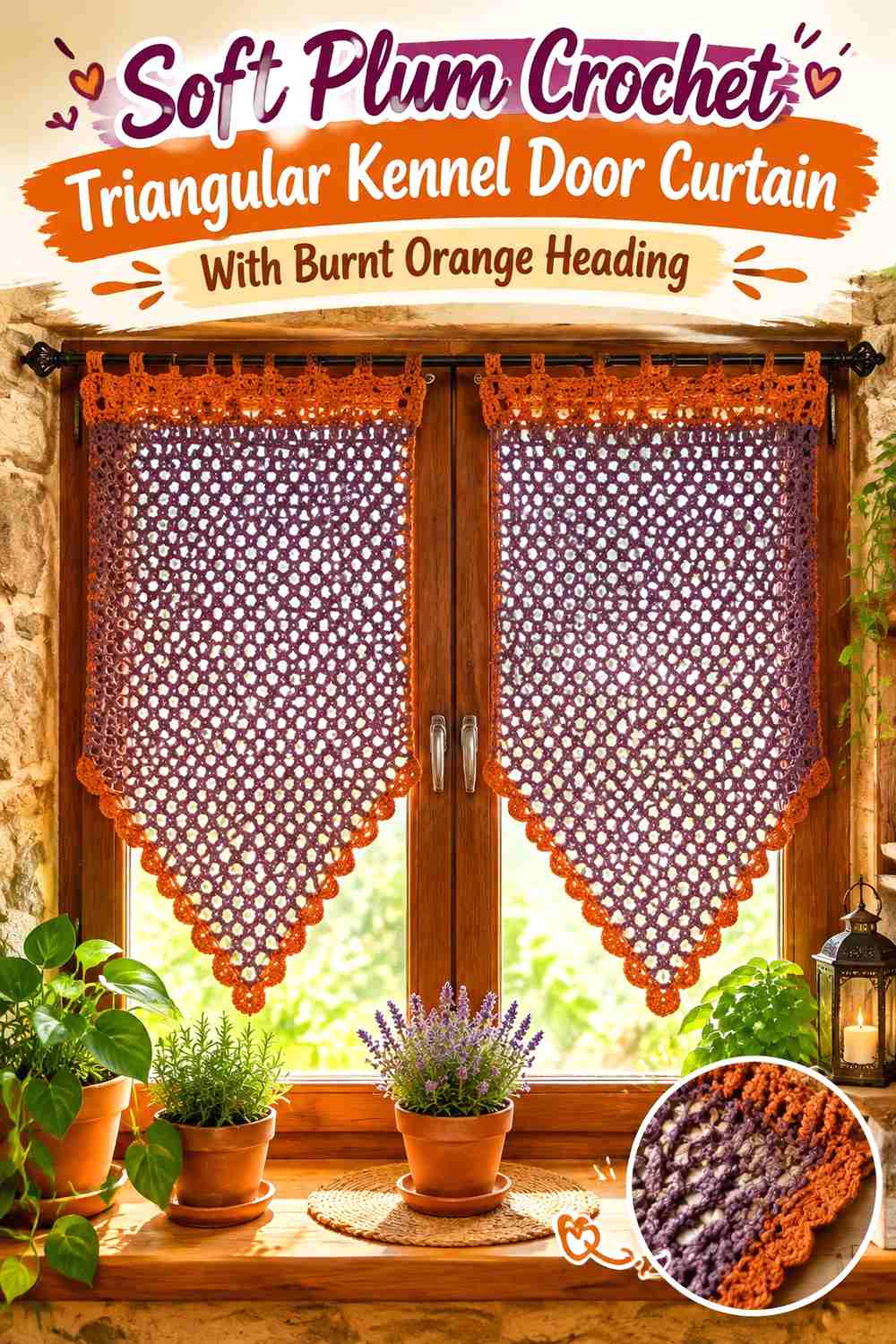 Soft Plum Crochet Triangular Kennel Door Curtain With Burnt Orange Heading