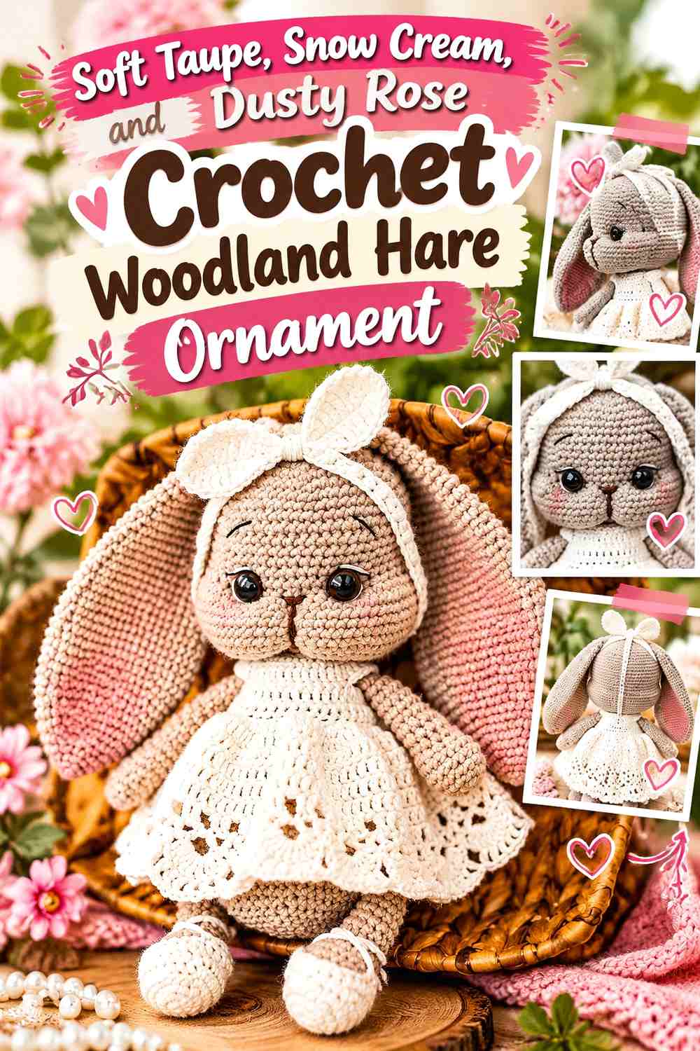 Soft Taupe, Snow Cream, and Dusty Rose Crochet Woodland Hare Ornament