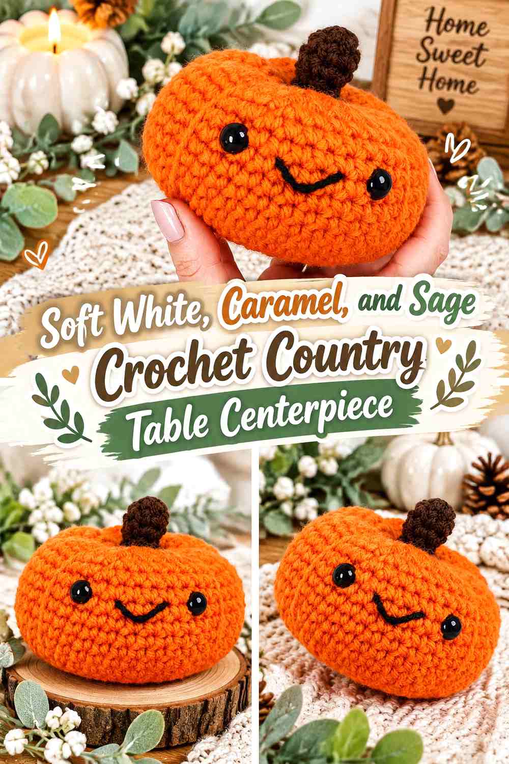 Soft White, Caramel, and Sage Crochet Country Table Centerpiece