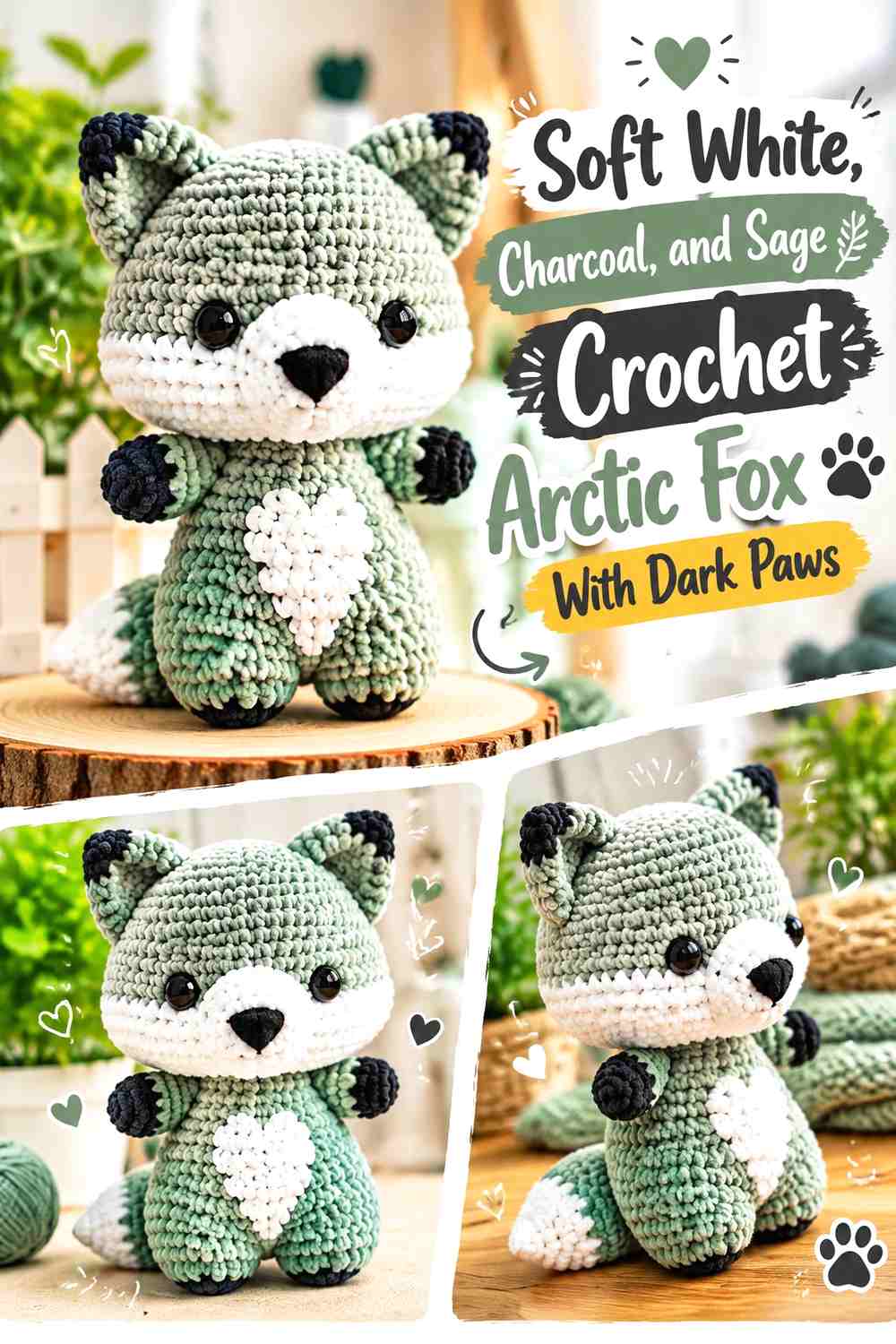 Soft White, Charcoal, and Sage Crochet Arctic Fox With Dark Paws