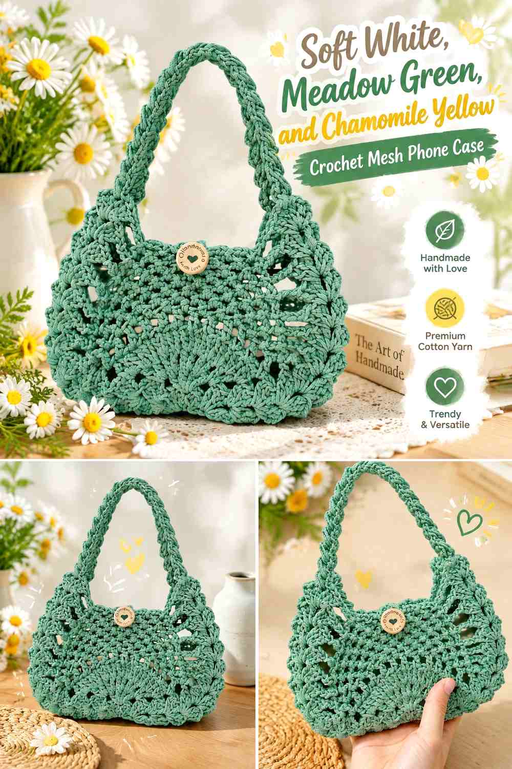 Soft White, Meadow Green, and Chamomile Yellow Crochet Mesh Phone Case