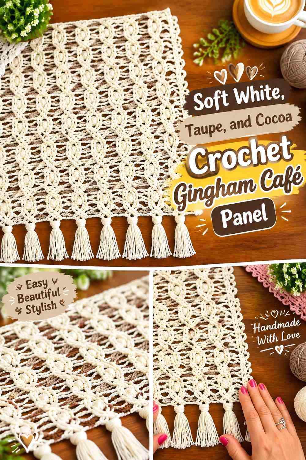 Soft White, Taupe, and Cocoa Crochet Gingham Café Panel