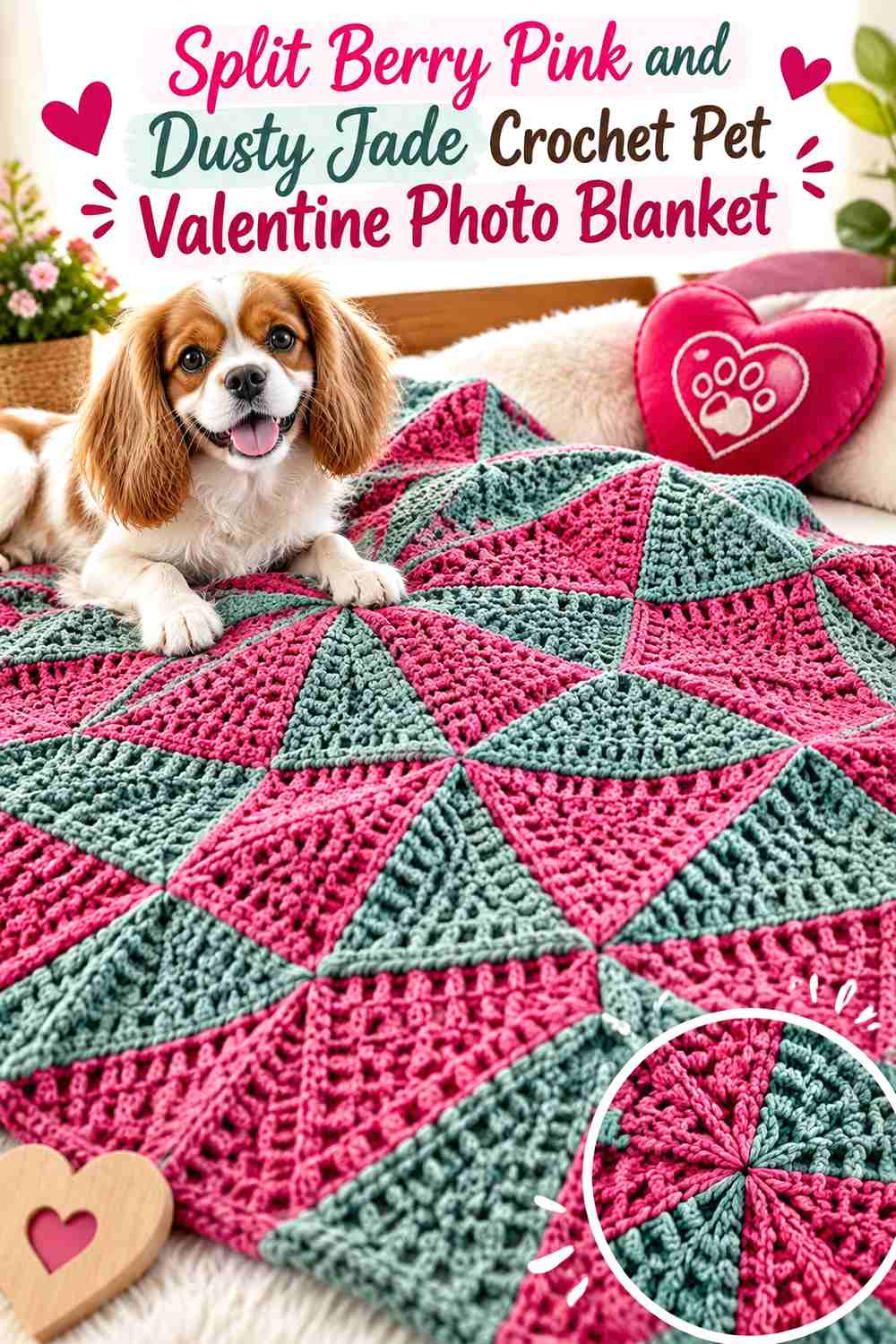 Split Berry Pink and Dusty Jade Crochet Pet Valentine Photo Blanket
